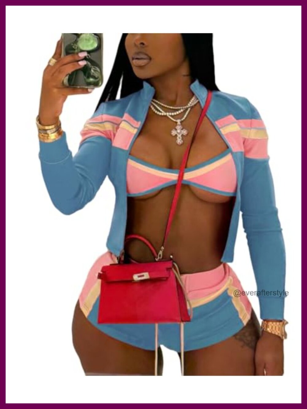 3 Piece Color Block Long Sleeve Zip Crop Jacket Strapless Bra Mini Shorts Set